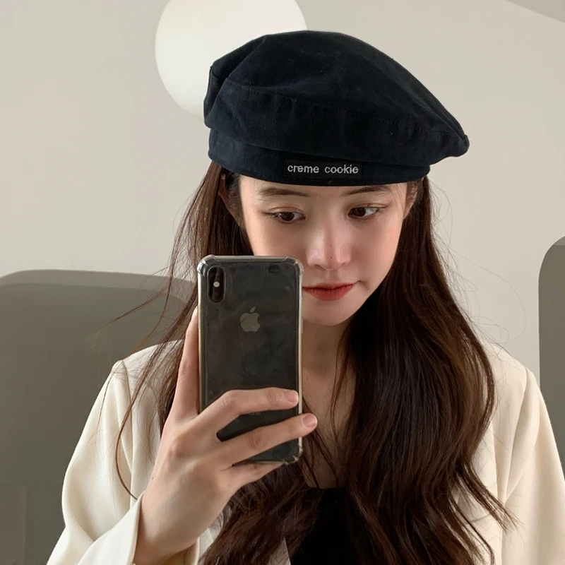 

INS Japanese-style Black Letter Beret Female Summer British Style Vintage Painter Hat Versatile Cyber Celebrity Octagonal Cap