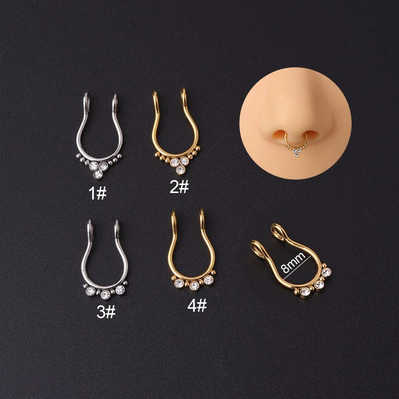 1Pc 8mm Zircon Fake Septum Piercing Nose Ring Hoop Nose For Girl Men Faux Body Clip Rings Non Body Jewelry Non-Pierced