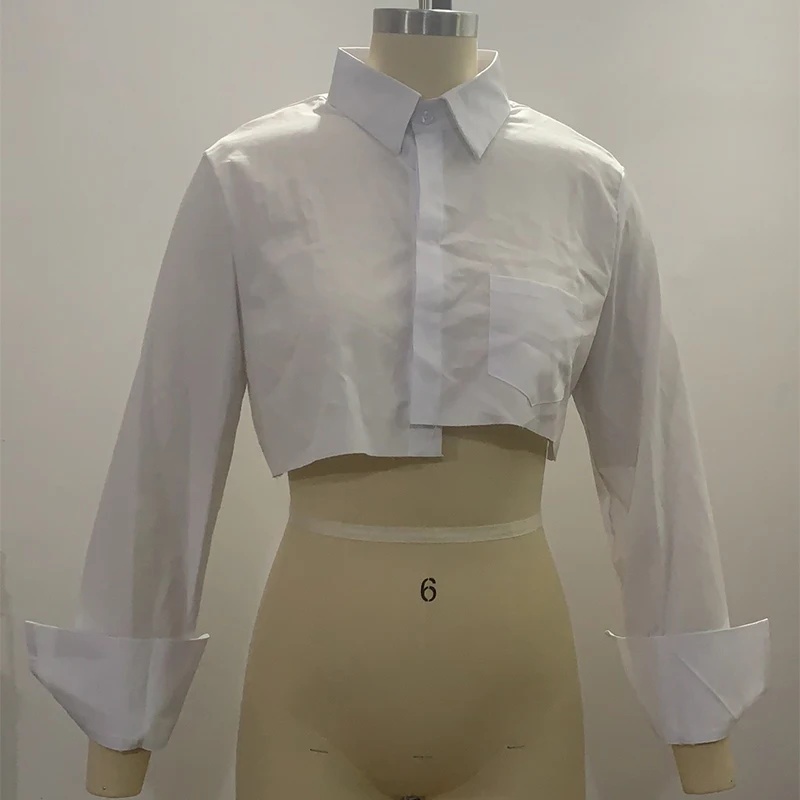 

Casual Crop Top Women Fashion Turn Down Collar Flare Sleeve Blouses White Shirt Female Autumn Sexy Ladies Tops Chemise Femme
