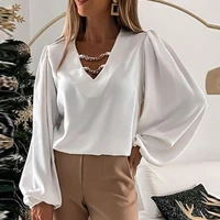 elegant v neck metal chain lady tops fashion solid color long sleeve woman shirts autumn loose casual office work female blouses