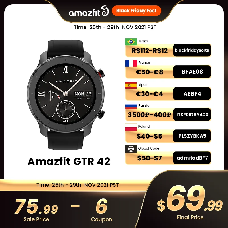  Смарт-часы Amazfit GTR женские водонепроницаемые (5 атм), 42 мм 