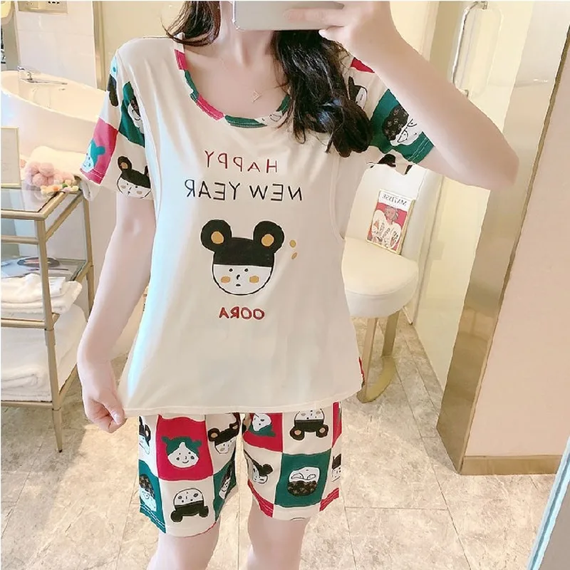 

Summer Maternity Clothes Suit Polyester Pregnancy Pajamas Short Sleeve Breastfeeding Nursing Pajama Set Cartoon Pijamas Women