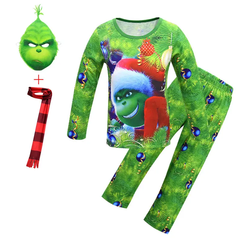 Boys The Grinch Christmas Pajamas Set New Xmas Hot Sale Kids Sleepwear Nightwear Cosplay Homewear+mask+scarf+gloves Pjs | Детская одежда