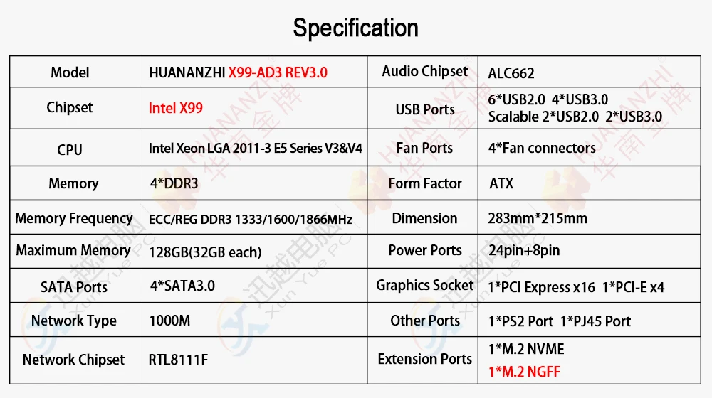 HUANANZHI X99 AD3 REV3.0 Материнская плата Intel LGA 2011 3 все серии DDR3 RECC128GB M.2 PCI E NVME NGFF ATX