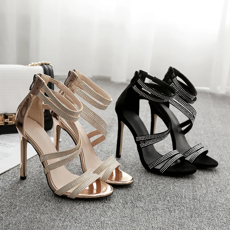 

Summer sandals new personalized Rhinestone strap side hollow thin heel high heel open toe shoes sexy party shoes