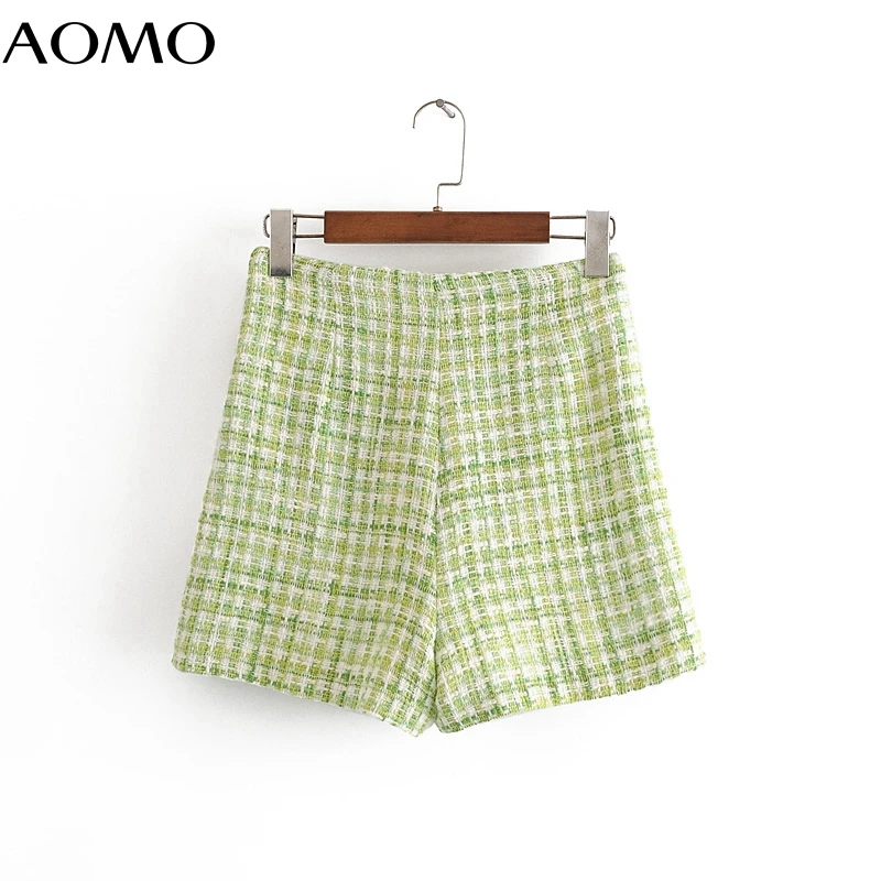 

AOMO women elegant plaid shorts side zipper pockets female retro casual shorts pantalones 3H236A