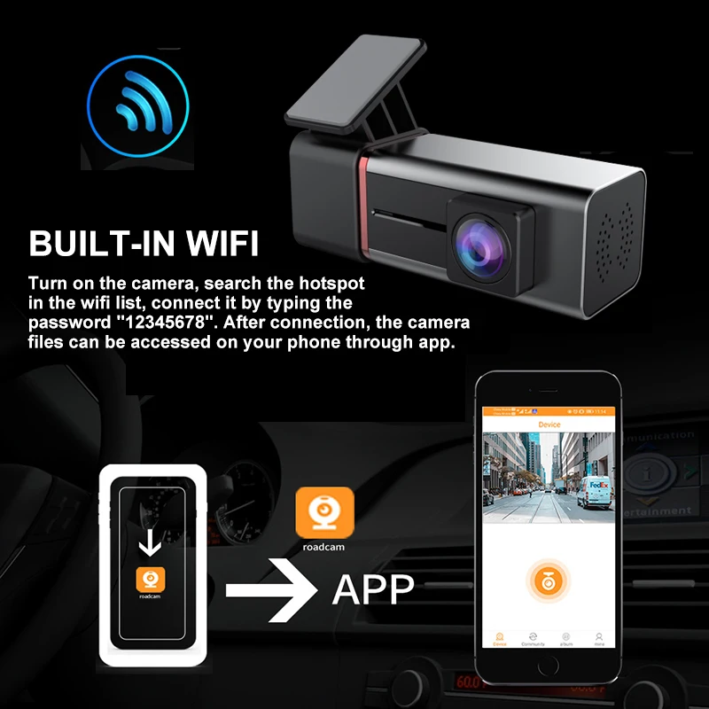 Скрытый видеорегистратор Автомобильный камера Full HD 1080P Wi-Fi видеозаписывающее