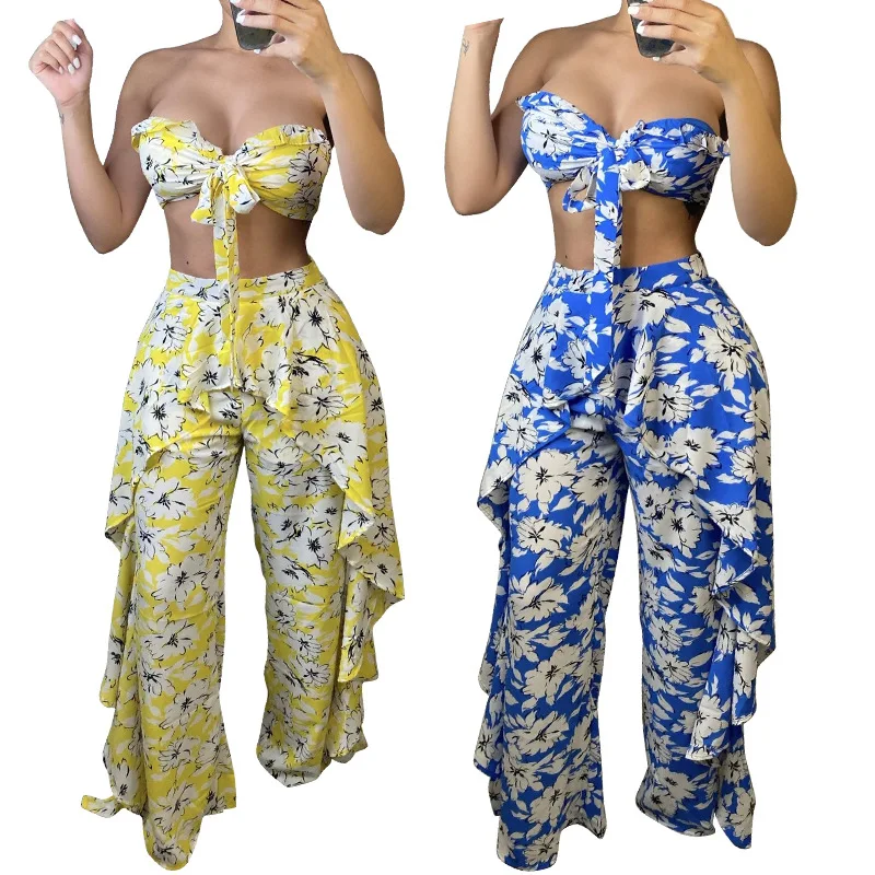 

Floral Flower Print Lace Up Crop Top Ruffle Pants Set Two Piece Set Elegant Sexy Matching Set Beach Holidays Clothing