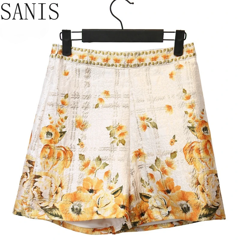 

Sanis 2021 Summer New Fashion Floral print Shorts Set Women Long sleeve Casual Blouse and Jacquard Shorts 2 Pieces Suit