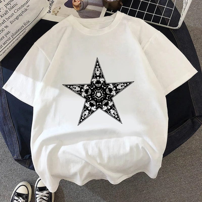 

Fashion Star T Shirt Women Lovely Print Short Sleeved O-neck T-shirt white Tops casual short Camisetas Mujer_T-Shirt