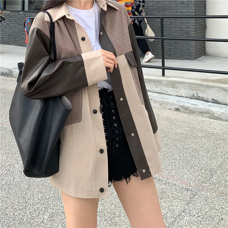 Коробов Harajuku хит Цвет куртка для женщин в стиле пэчворк клетку с длинным рукавом