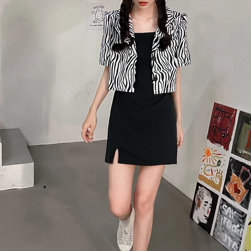 

COIGARSAM Vintage Womens tops New Summer High Waist Spaghetti Strap Women shirts Shirt Open Fork Skirt A Suit Shorts 196