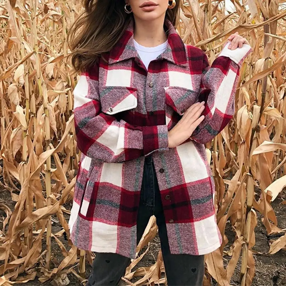 

Women Wool Blend Lapel Collar Long Sleeve Jacket Plaid Overshirt Coat 2021 Oversized Pockets with Flaps Button Jackets Autumn