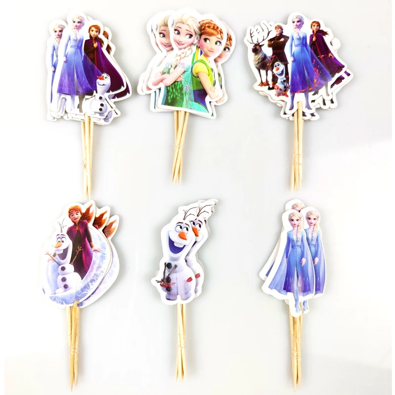 

24pcs/lot Baby Shower Kids Girls Favors Birthday Party Frozen Theme Cupcake Toppers Decorate Elsa Anna Cake Topper With Sticks