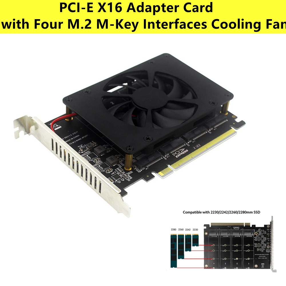 Новая плата адаптера PCI-E X16 с четырьмя интерфейсами M.2 M-Key охлаждающий вентилятор