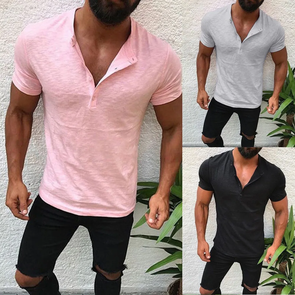 

Men's T-shirt Cotton Blends Casual Loose Shirts Summer Tops Short Sleeve Tee Ovesized Solid Button T Shirt Men