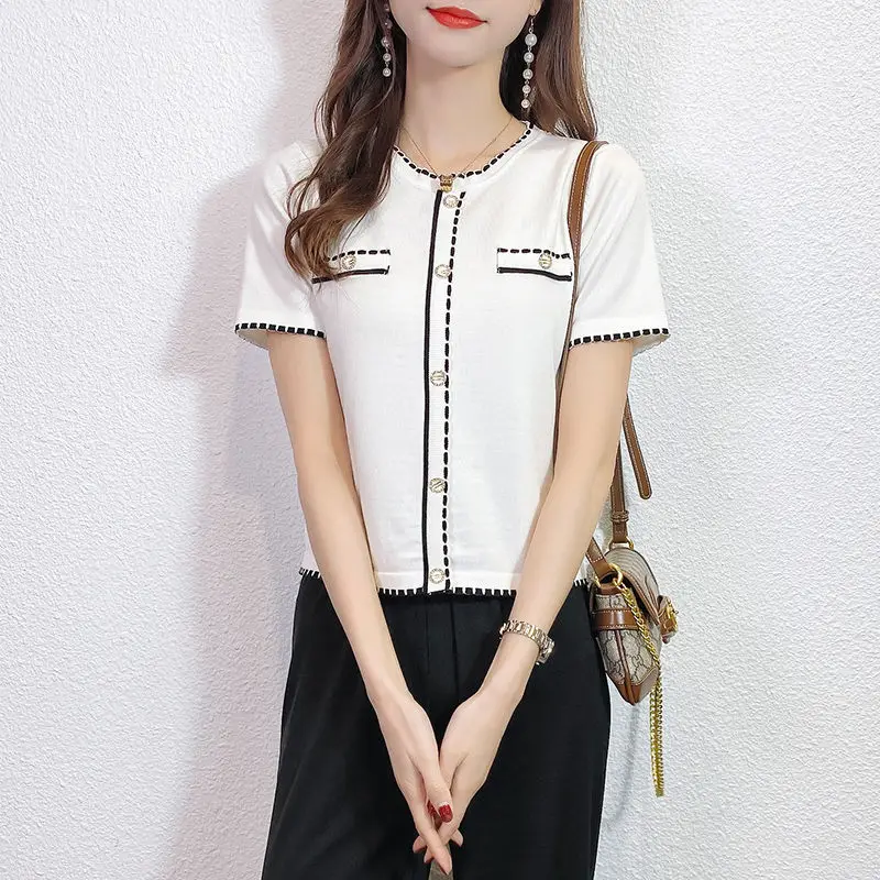 

Summer ice silk short sleeve women's 2021 new versatile fashion T-shirt small fragrance temperament round neck top