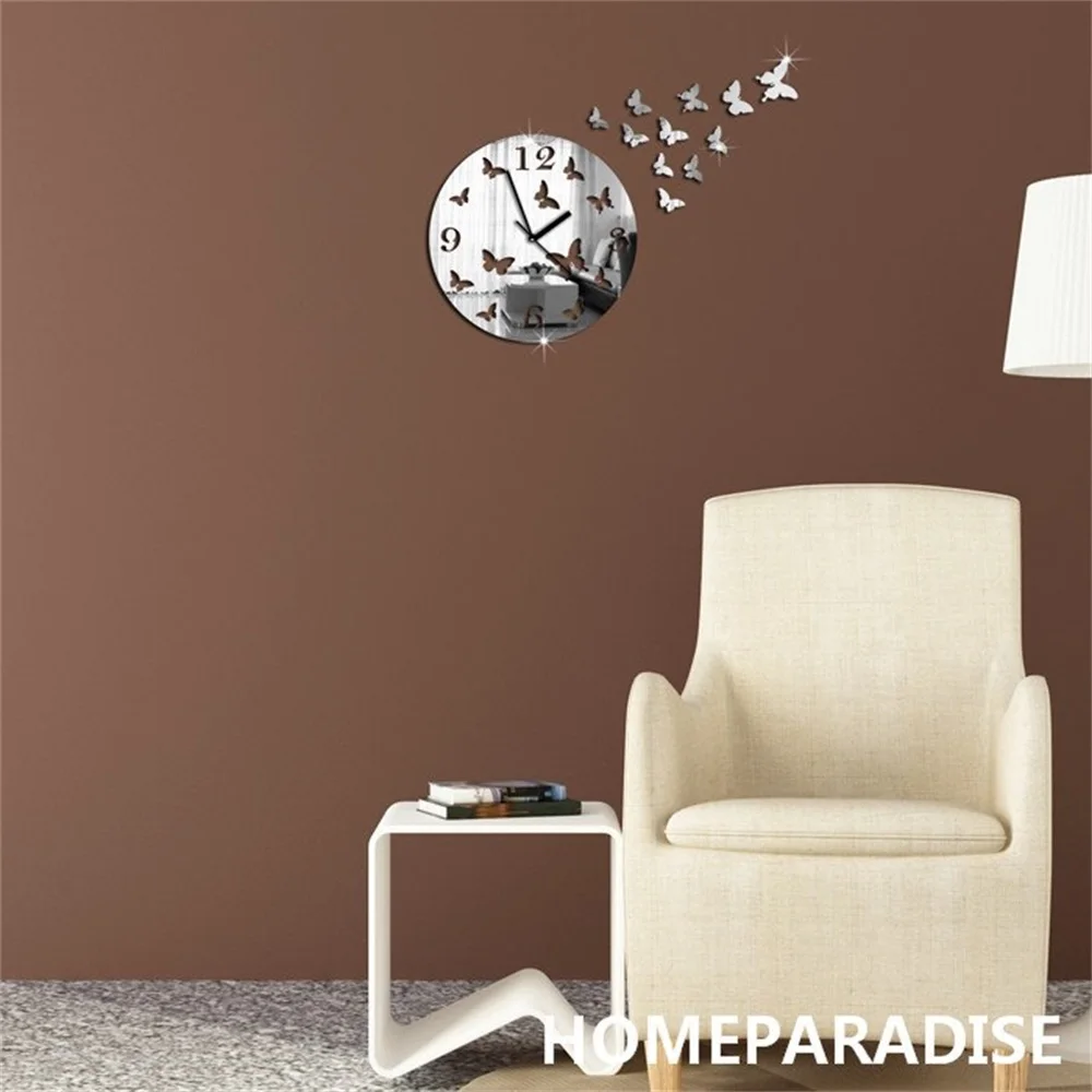 Diy 3d бабочки Искусство с украшением в виде кристаллов зеркальные настенные часы