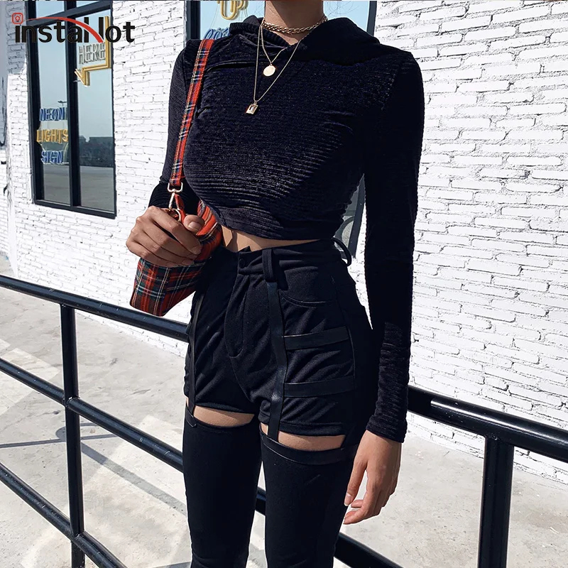 InstaHot толстовки с черными полосками женские укороченные повседневные Бархатные уличные спортивные топы с капюшоном и длинным рукавом женские осенне-зимние толстовки с капюшоном