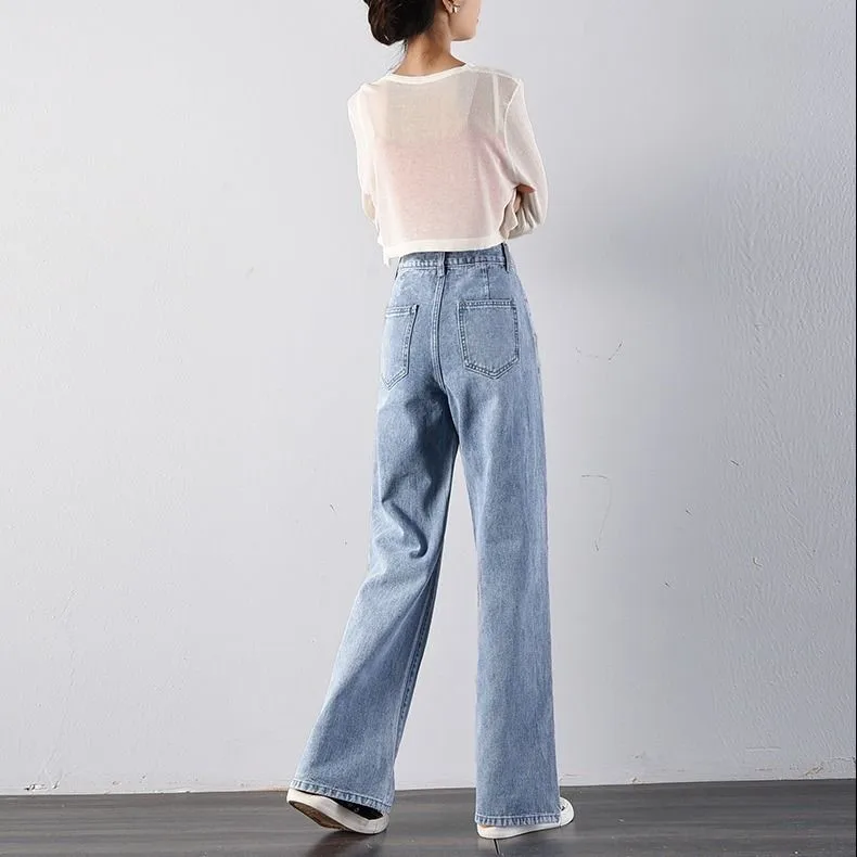 

Vintage Wide Leg Women Jeans Blue Leisure Loose High Waist Streetwear Denim Korean Style All-match Simple Full-length Pants