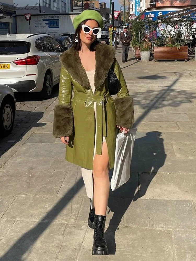 

Macheda Autumn/Winter PU leather Jacket V-neck with Big fur collar fur sleeves Autumn/winter Warm Ladies PU leather Overcoat