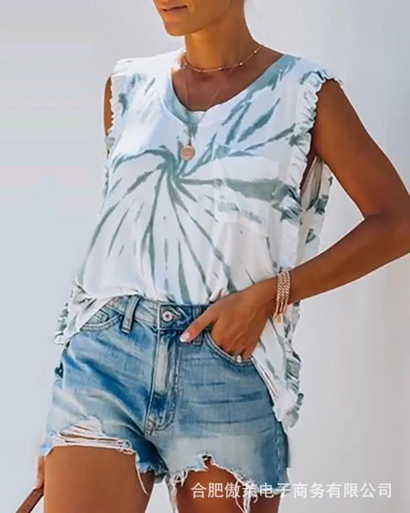 

Vest Women's Casual Flounced Stitching Vest Summer Sexy O-Neck Sleeveless Pullover Loose Vest AL0742