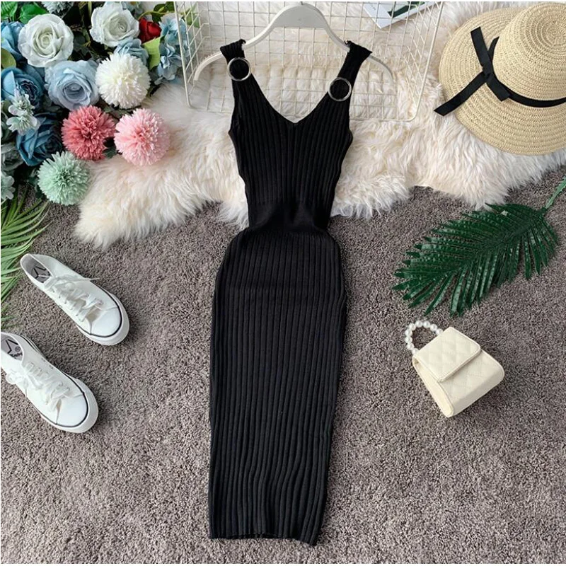Винтажное однотонное женское платье сексуальное лето 2020 стрейч v-образный вырез