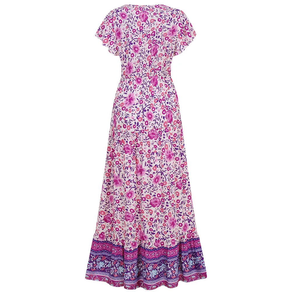 

AA Fashion Women Boho Printed Long Maxi Dress Pleated Dress Summer Casual Dress