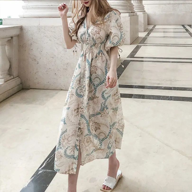 

Французский с цветочным рисунком в винтажном стиле; Платье женское элегантное платье с v-образным вырезом, Разделение в Корейском стиле Сти...