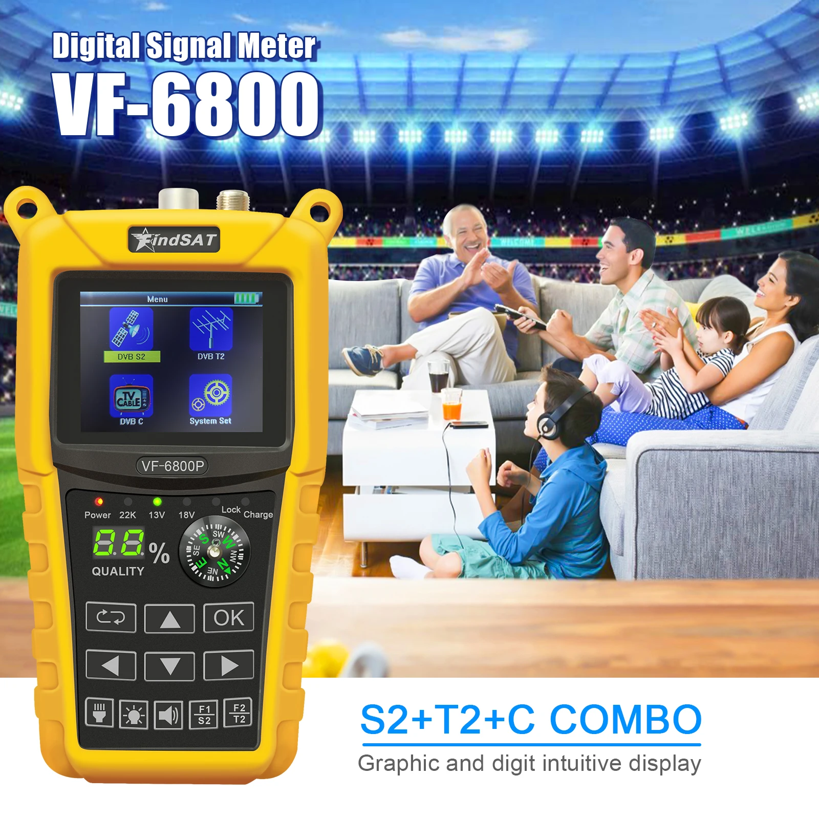 Цифровой спутниковый искатель VF-6800 HD с комбинированной поддержкой DVB-T2 DVB S2 C Sat Finder