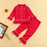 baby girl red pajama set ruffled shirt top pants 18m 6y toddler kids children casual sleepwear loungewear solid color pyjamas