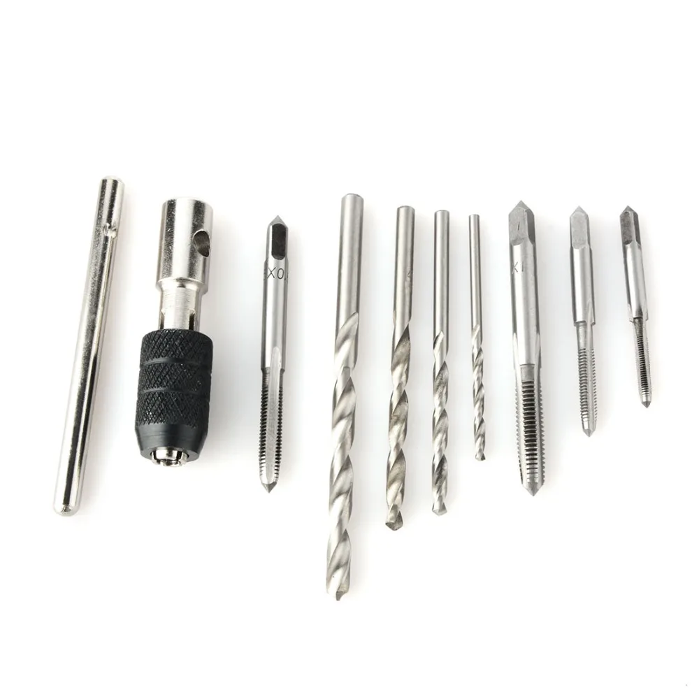 

9pc HSS Hand Tap Set M2 Twist Drill Bits T-Handle Wrench hread Reamer M3-M6 Taps For Wood Soft Metal Aluminum PCB