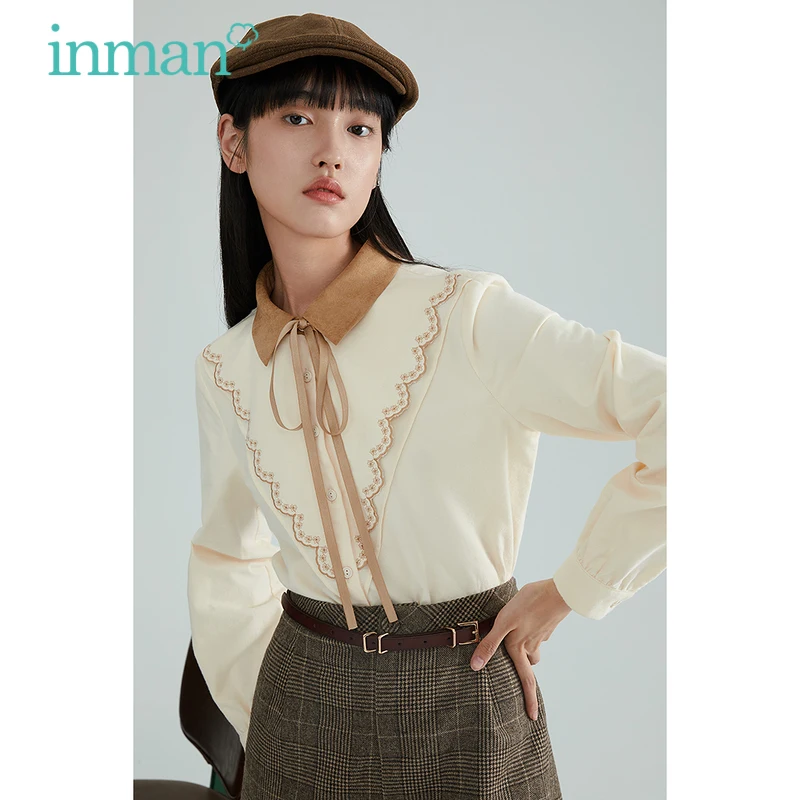 

INMAN Women's Blouse Autumn Retro Sweet Style Pointed Collar Wave Embroidery Bow-knot Tether Pure Cotton Long Sleeve