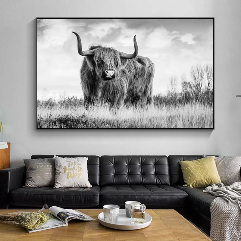 

Black and White Freedom HIGHLAND COW Animal Canvas Painting Posters and Prints Scandinavian Yak Wall Art Picture for Living Room