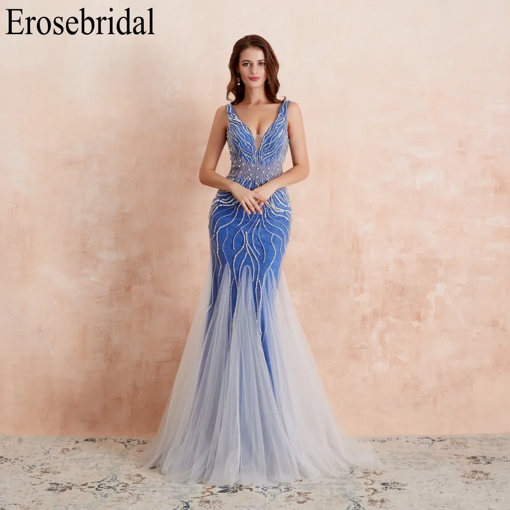 Erosebridal Русалка вечернее платье длинное светильник серый бисером роскошное длинное торжественное платье со шлейфом открытая спина