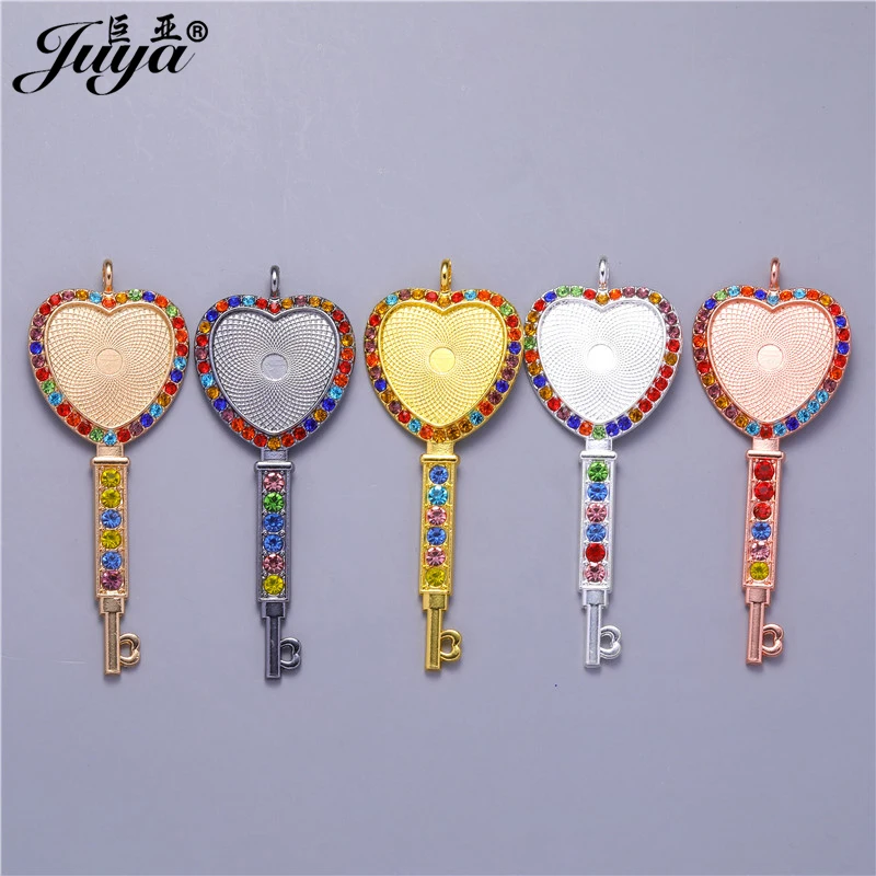 

50PCS Jewelry Making Key Heart Cabochon Pendant Base Colorful Diamond Charm For DIY Necklace 25mm Alloy Tray Crafts Jewellry