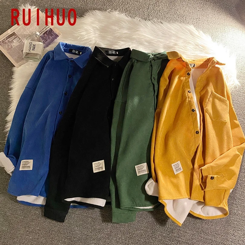 RUIHUO рубашка мужская Вельветовая одежда блузка Фланелевая с длинным рукавом