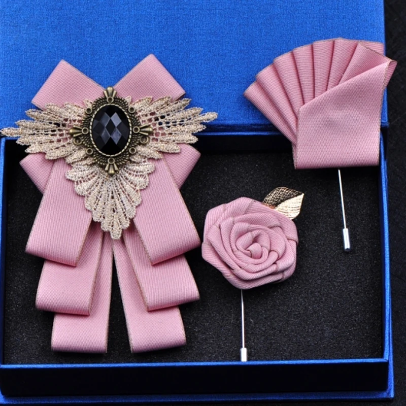 Pink Set Новая модная повседневная многослойная бриллиантовая брошь с бабочкой, стразы, красная брошь для галстука-бабочки, набор для свадьбы, жениха, жениха, мужчин, карманный квадратный мужской - Цвет: Pink Set