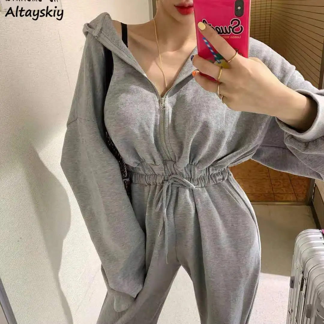Женский комбинезон с капюшоном однотонный Свободный Повседневный на молнии