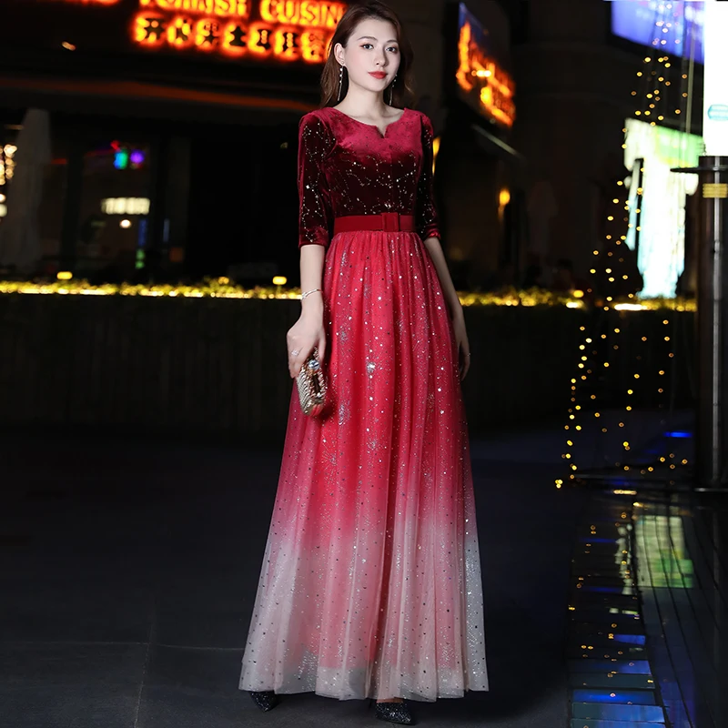 Evening dress fashion round neck bride long section sleeve velvet upper body gradient color 2019 new | Свадьбы и торжества