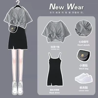 2021 new summer suit women fashion skirt ins summer round neck short sleeve suspender dress suit