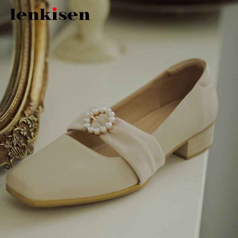 

Lenkisen gladiator full grain leather buckle decorations square toe thick med heels slip on dress dating maiden women pumps L0f7