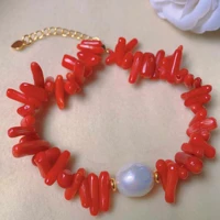 fashion natural white round pearl red coral gold bracelet gift all saints day souvenir elegant lucky glowing spread chain