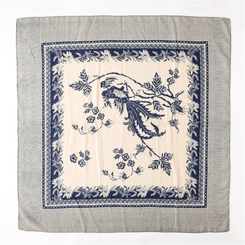 2020 Новое поступление белый синий цветочный принт хлопок льняной квадратный шарф