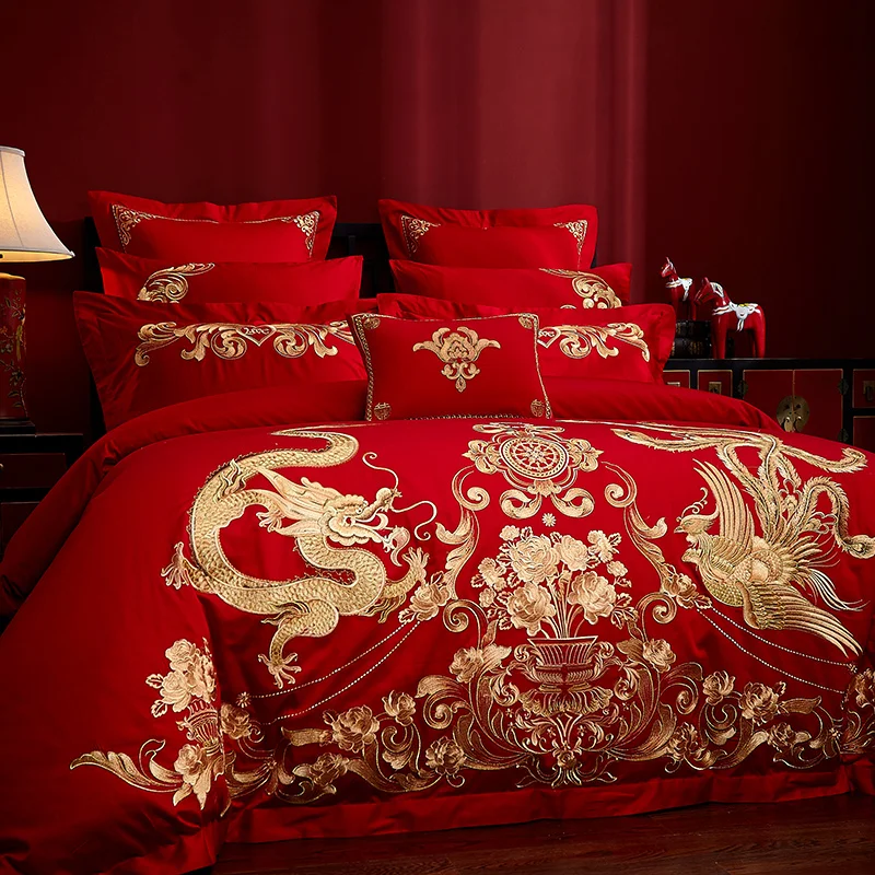 Роскошный Золотой Феникс Лун Роза вышивка Китайская свадьба 100% хлопок