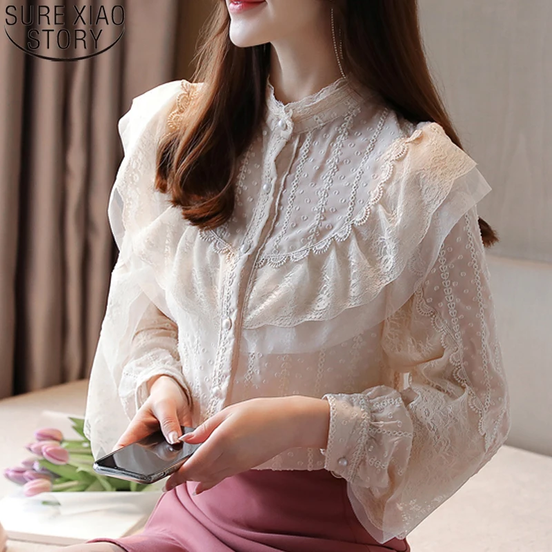 

Apricot Sweet Lace Chiffon Shirts Women Long Sleeve Blouses Ruffled Womens Tops and Blouses Casual Cardigan Female Blusas 10624