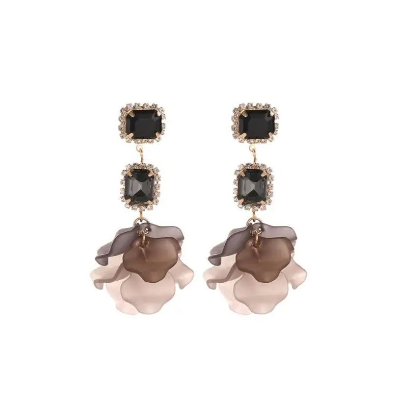 

Korea Long Black Rose Petal Resin Rhinestone Dangle Earrings For Women Jewelry Elegant Gray Fashion Statement Geometric Brincos