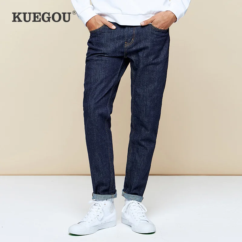 Мужские обтягивающие джинсы KUEGOU синие хлопковые прямого покроя Стрейчевые брюки