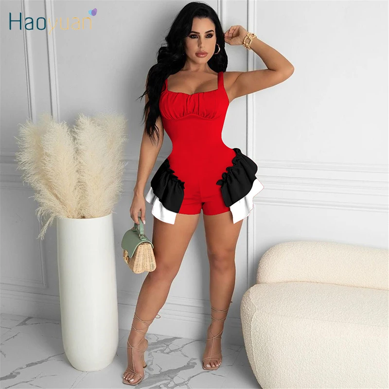 

HAOYUAN Sexy Patchwork Ruffles Playsuit Spaghetti Strap Bodycon Shorts Rompers Summer Vacation One Piece Club Outfits for Women