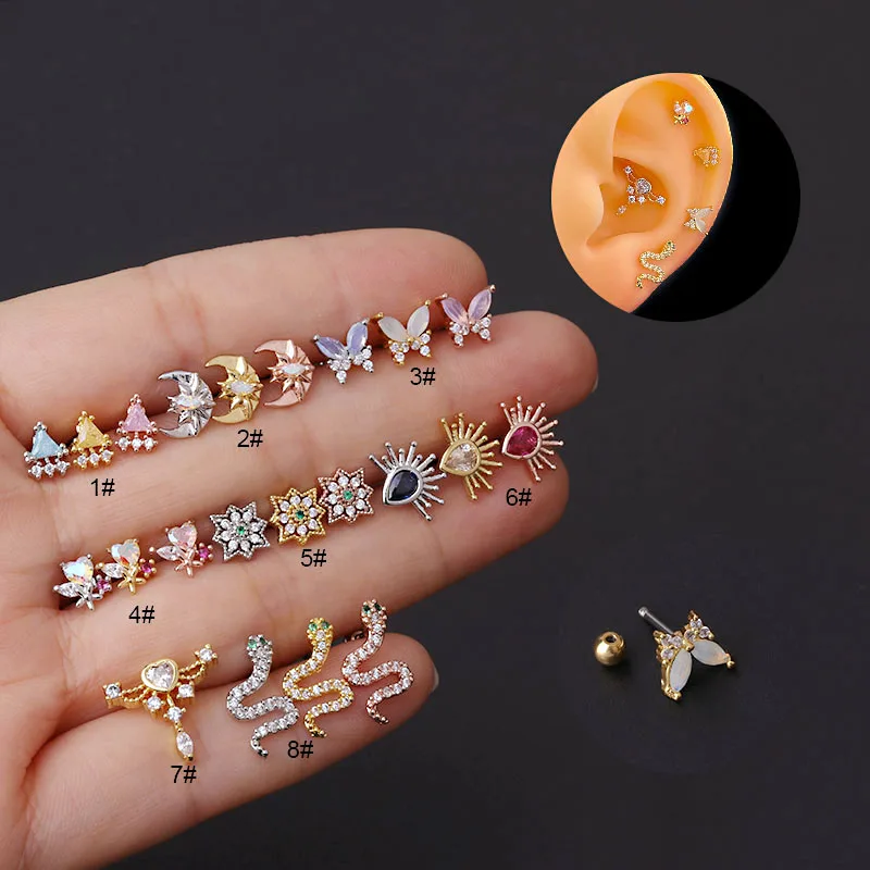 

1PC 20G Ear Piercing Tragus Cartilage Moon Buterfly Snake Earring Helix Conch Rook Lobe Stud Stainless Steel Body jewelry